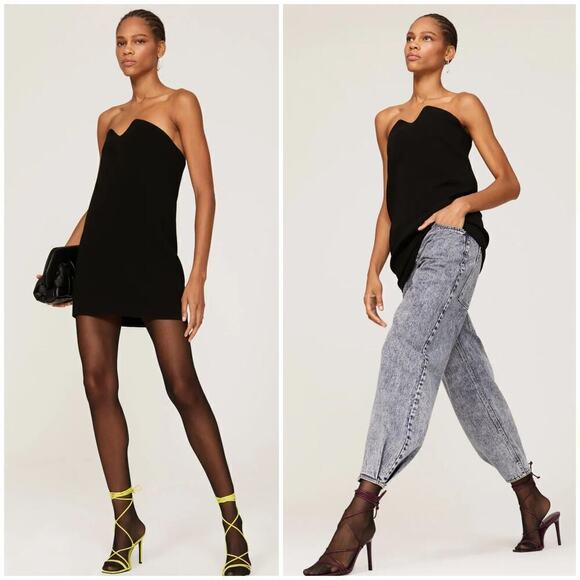 Tibi Squiggly Dress Fluid Drape Strapless Asymmetrical Neck Shift Mini Black 2 - Picture 4 of 10